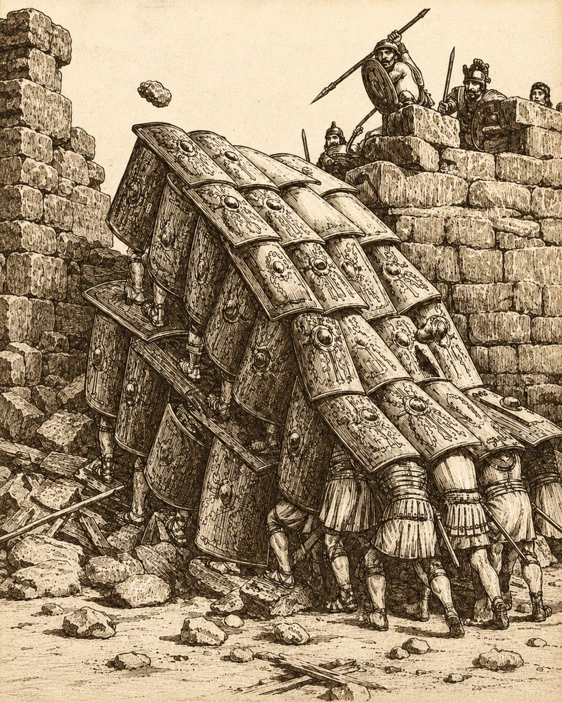 Ink engraving of the Roman testudo: legionaries advancing under a shell of locked shields to storm a stone wall.